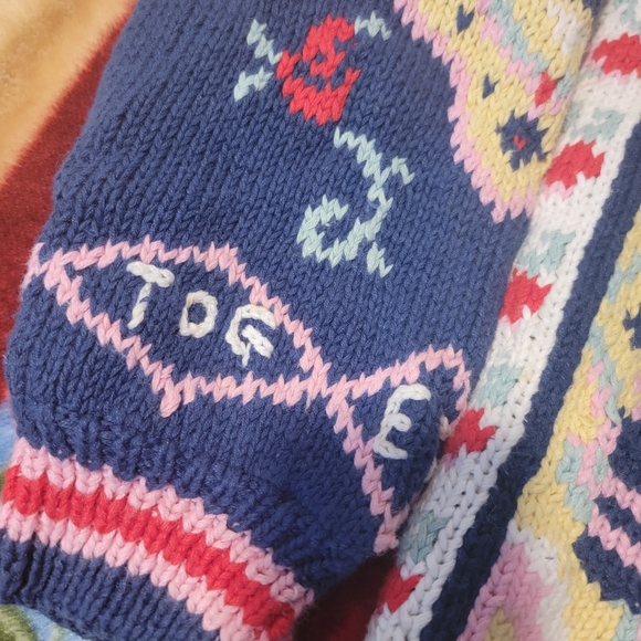 Vintage Sweater Cardigan Oversized Bohemian Colligate Style Blue Pink Yellow M - Picture 5 of 12